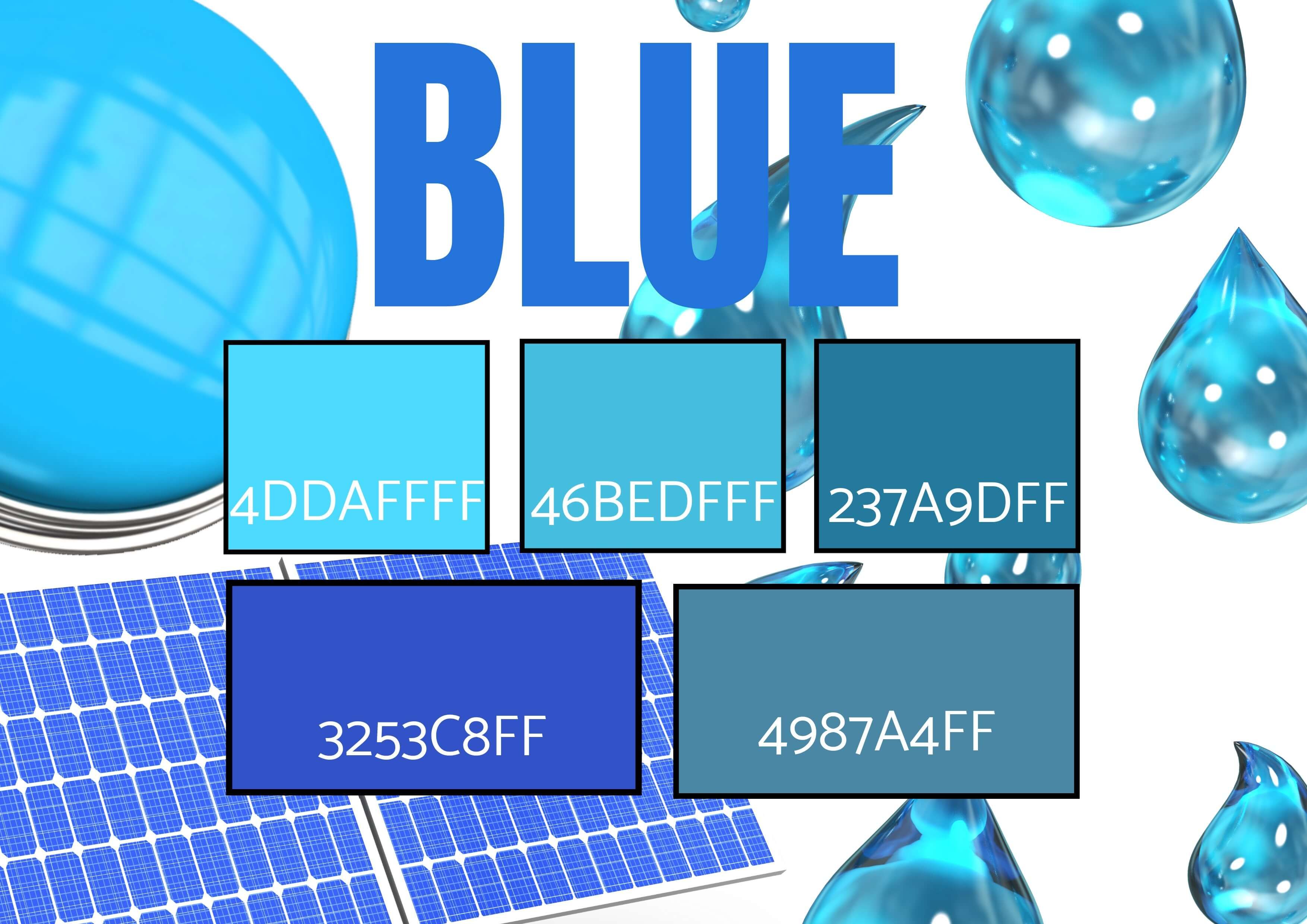 Auswahl von 5 Blautönen mit Bildern von Wassertropfen, einem Knopf und einem Solarpanel – Symbolik